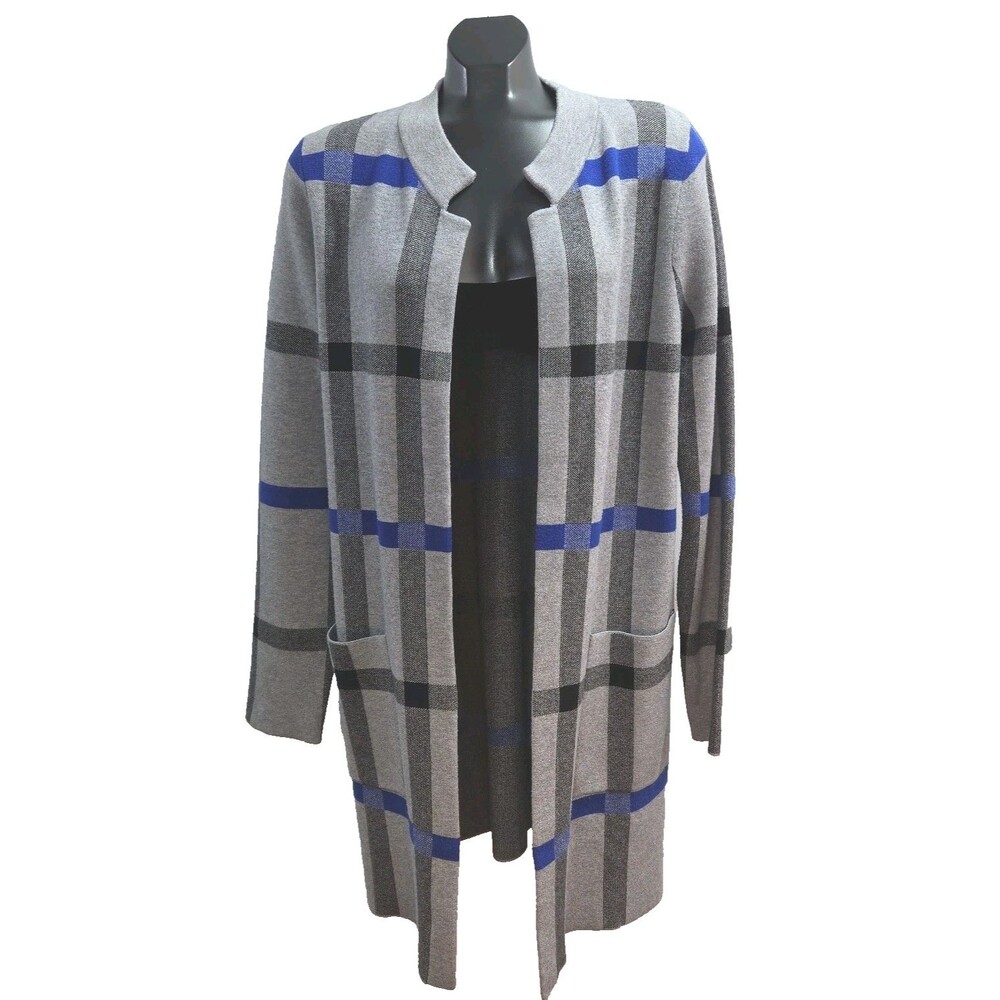 Tahari Sweater Cardigan Jacket Gray Blue Plaid Women Sz Large Duster Open Front